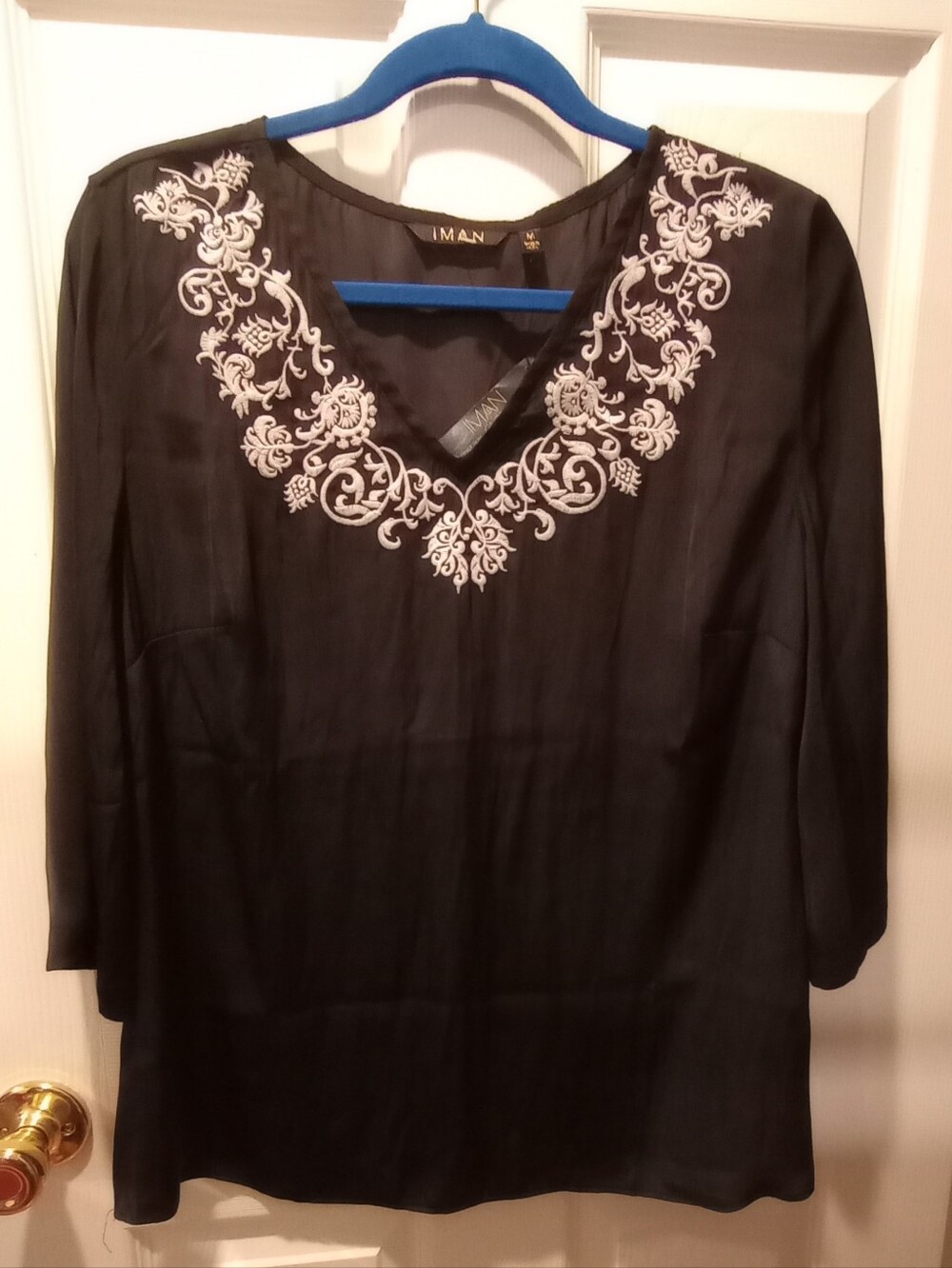 IMAN Black Tunic Top with White Embroidered V-Neck